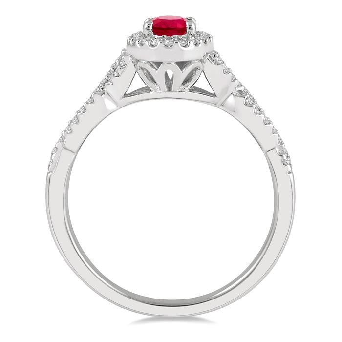 6x4 MM Oval Shape Center Stone Ruby and 1/5 Ctw Split Entwined Shank Round Cut Diamond Precious Ring in 10K White Gold