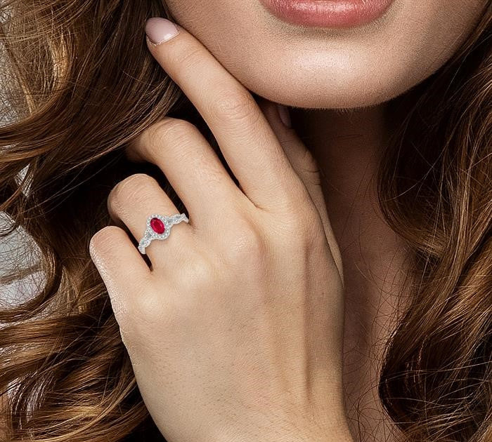 6x4 MM Oval Shape Center Stone Ruby and 1/5 Ctw Split Entwined Shank Round Cut Diamond Precious Ring in 10K White Gold