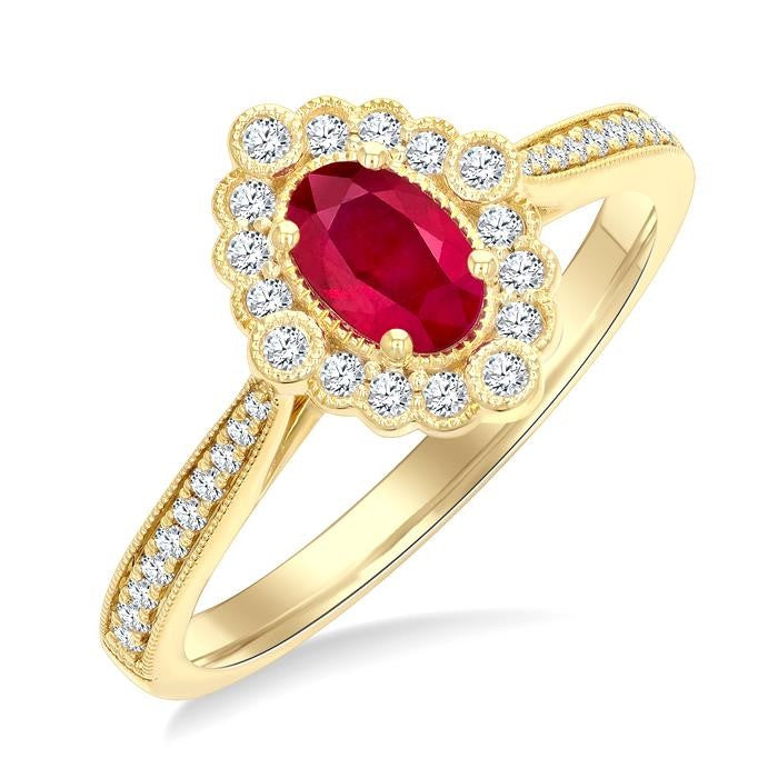 6X4 MM Oval Cut Ruby and 1/4 Ctw Art Deco Round Cut Diamond Halo Precious Ring in 14K Yellow Gold