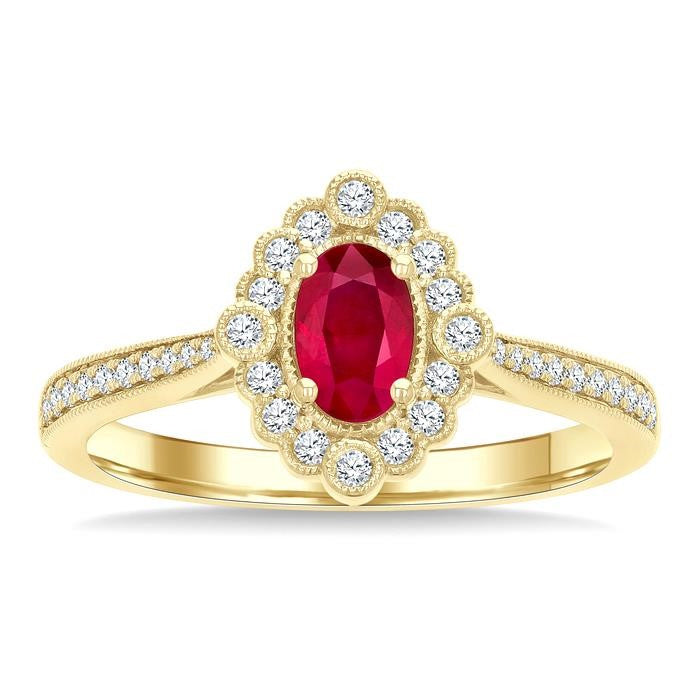 6X4 MM Oval Cut Ruby and 1/4 Ctw Art Deco Round Cut Diamond Halo Precious Ring in 14K Yellow Gold