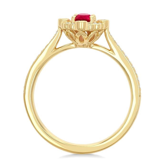 6X4 MM Oval Cut Ruby and 1/4 Ctw Art Deco Round Cut Diamond Halo Precious Ring in 14K Yellow Gold