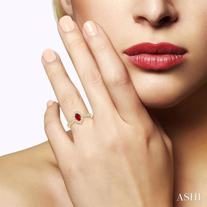 6X4 MM Oval Cut Ruby and 1/4 Ctw Art Deco Round Cut Diamond Halo Precious Ring in 14K Yellow Gold