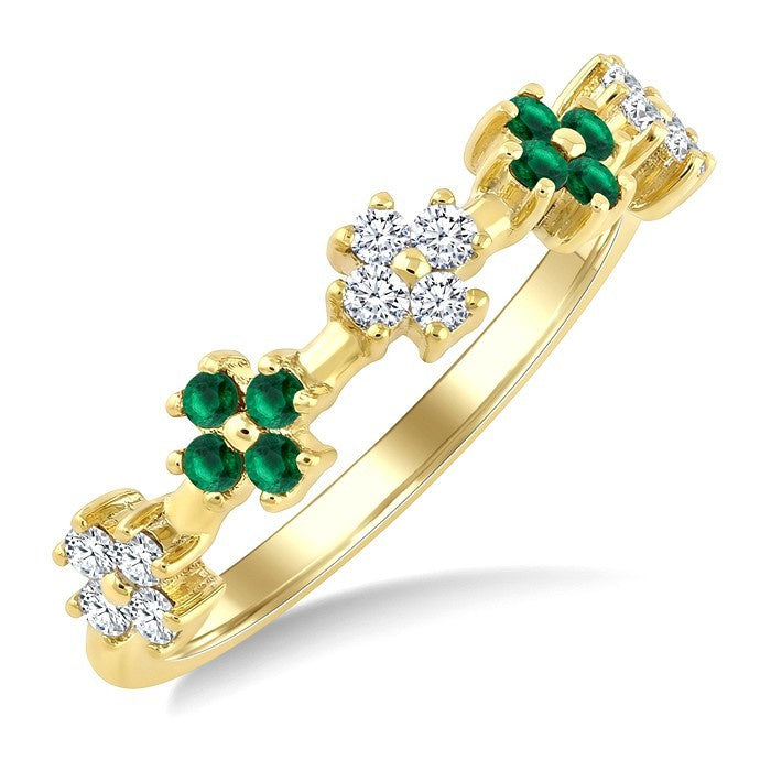 1.55 MM Round Shape Emerald and 1/6 Ctw Round Cut Diamond Floral Precious Ring in 10K Yellow Gold