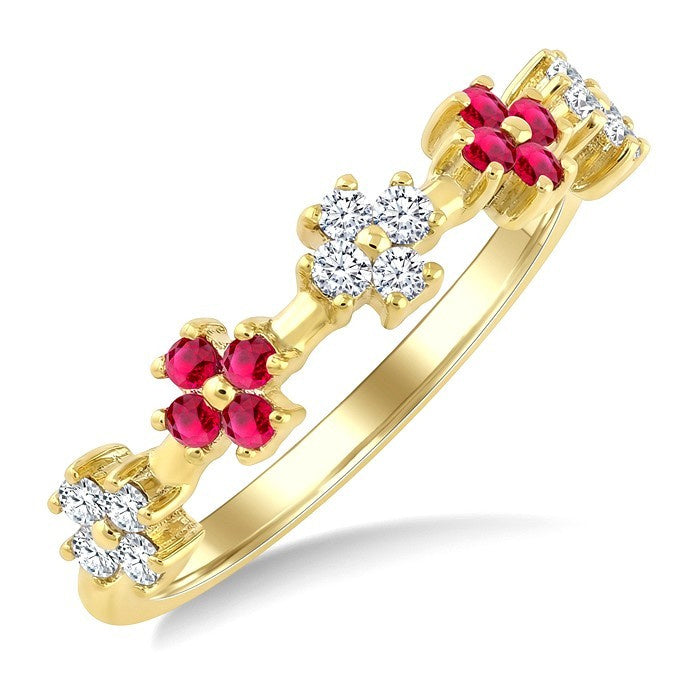 1.55 MM Round Shape Ruby and 1/6 Ctw Round Cut Diamond Floral Precious Ring in 10K Yellow Gold