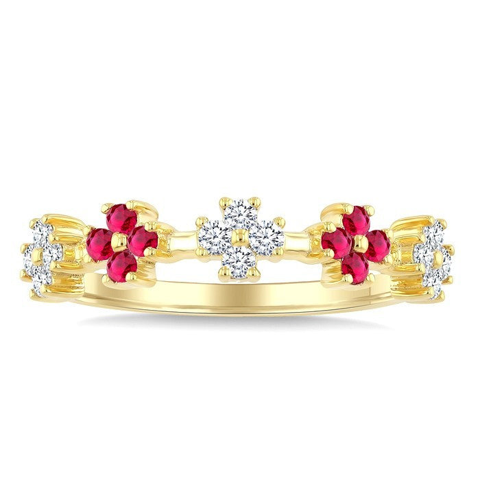 1.55 MM Round Shape Ruby and 1/6 Ctw Round Cut Diamond Floral Precious Ring in 10K Yellow Gold