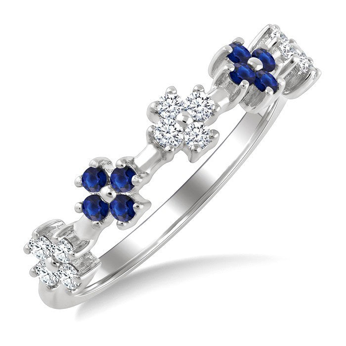1.55 MM Round Shape Sapphire and 1/6 Ctw Round Cut Diamond Floral Precious Ring in 10K White Gold