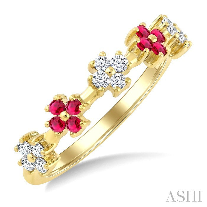 1.55 MM Round Shape Ruby and 1/6 Ctw Round Cut Diamond Floral Precious Ring in 10K Yellow Gold