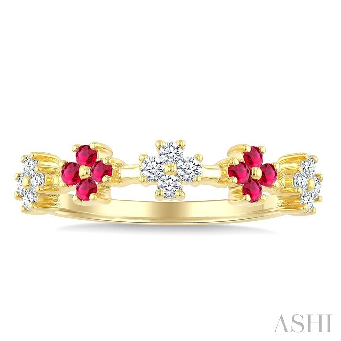 1.55 MM Round Shape Ruby and 1/6 Ctw Round Cut Diamond Floral Precious Ring in 10K Yellow Gold