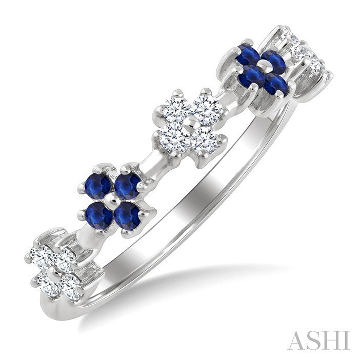 1.55 MM Round Shape Sapphire and 1/6 Ctw Round Cut Diamond Floral Precious Ring in 10K White Gold