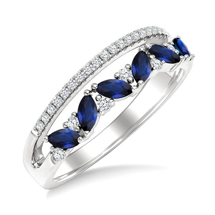 4X2 MM Marquise Shape Sapphire and 1/5 Ctw Round Cut Diamond Precious Band in 10K White Gold
