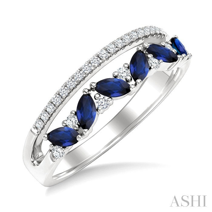 4X2 MM Marquise Shape Sapphire and 1/5 Ctw Round Cut Diamond Precious Band in 10K White Gold