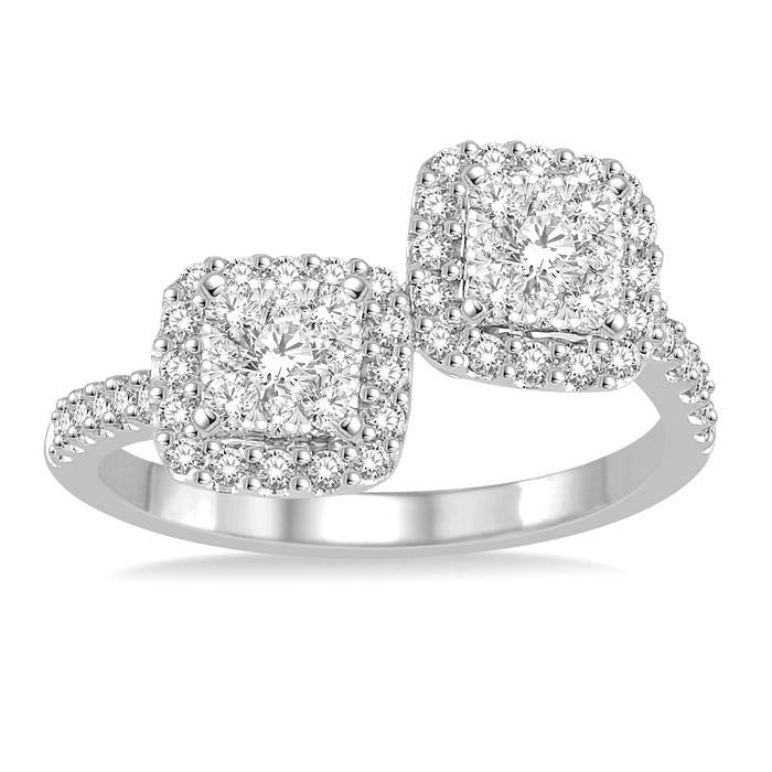 5/8 Ctw Conjoined Cushion Mount Round Cut Diamond Shine Bright 2Stone Ring in 14K White Gold