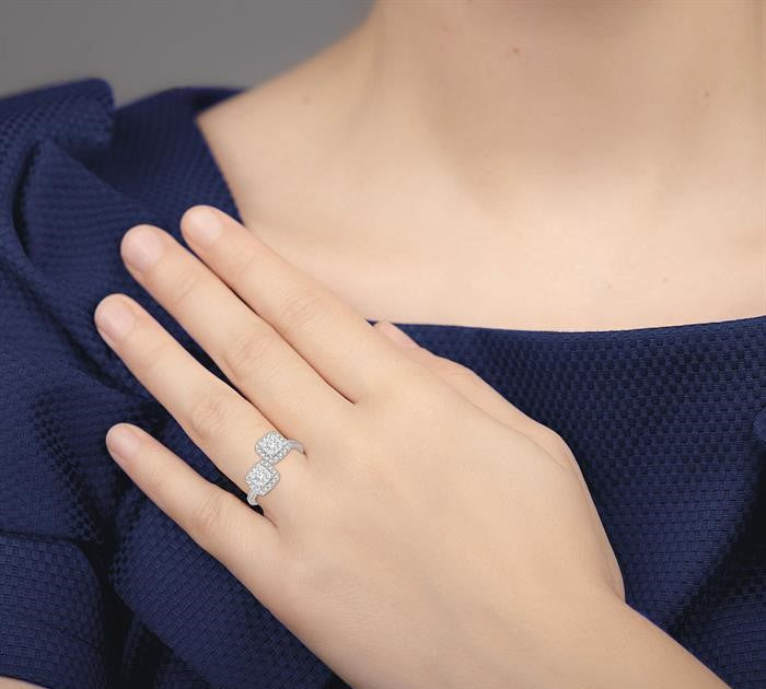 5/8 Ctw Conjoined Cushion Mount Round Cut Diamond Shine Bright 2Stone Ring in 14K White Gold