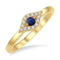 2.60 MM Round Shape Sapphire and 1/10 Ctw Evil Eye Petite Round Cut Diamond Precious Ring in 14K Yellow Gold