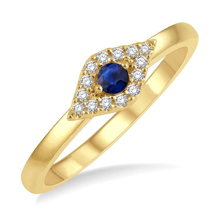 2.60 MM Round Shape Sapphire and 1/10 Ctw Evil Eye Petite Round Cut Diamond Precious Ring in 14K Yellow Gold