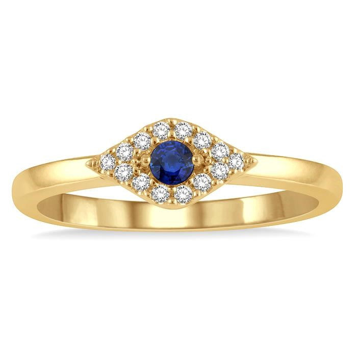 2.60 MM Round Shape Sapphire and 1/10 Ctw Evil Eye Petite Round Cut Diamond Precious Ring in 14K Yellow Gold