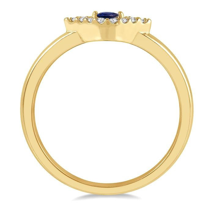 2.60 MM Round Shape Sapphire and 1/10 Ctw Evil Eye Petite Round Cut Diamond Precious Ring in 14K Yellow Gold