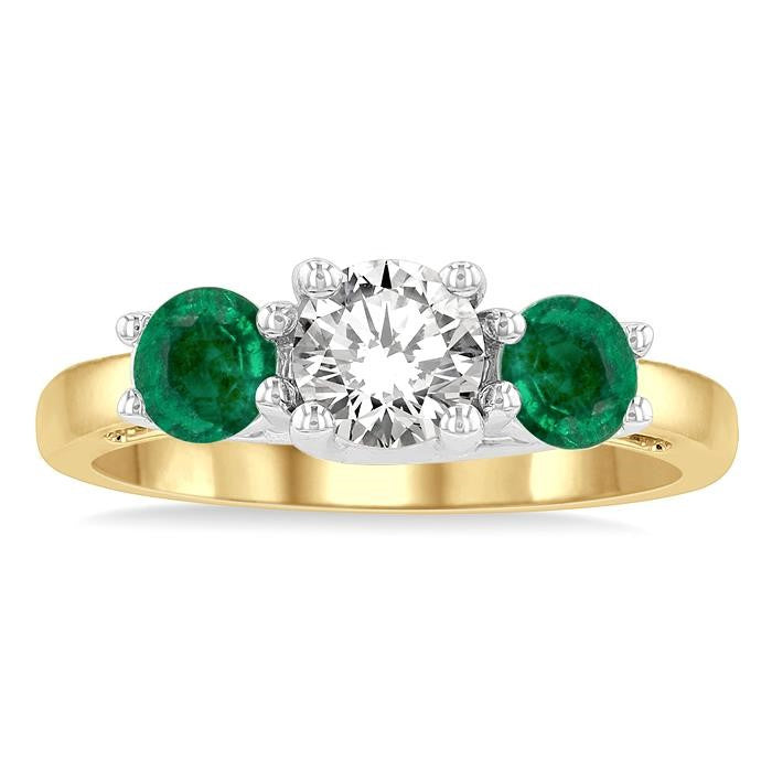 4.65 MM Round Shape Past, Present and Future Emerald and 3/4 Ctw Round Cut Diamond Precious Ring in 14K Yellow and White Gold