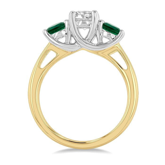 4.65 MM Round Shape Past, Present and Future Emerald and 3/4 Ctw Round Cut Diamond Precious Ring in 14K Yellow and White Gold