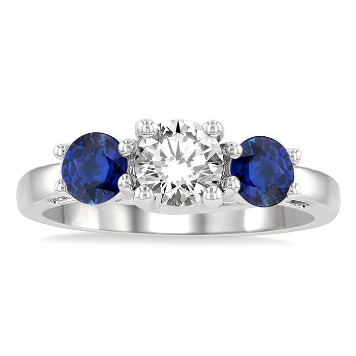 4.65 MM Round Shape Sapphire and 3/4 Ctw Past, Present and Future Round Cut Diamond Precious Ring in 14K White Gold