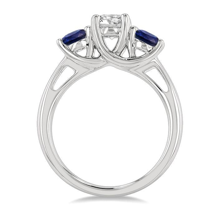 4.65 MM Round Shape Sapphire and 3/4 Ctw Past, Present and Future Round Cut Diamond Precious Ring in 14K White Gold