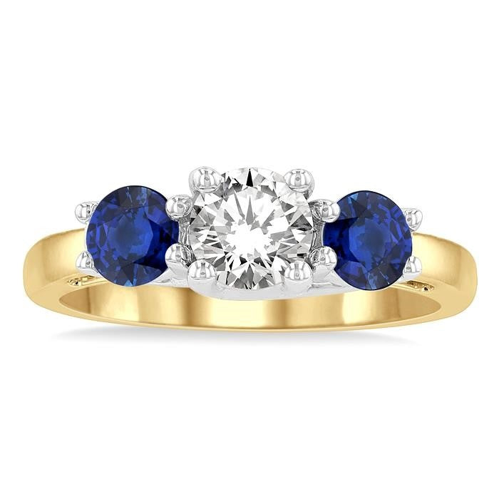 4.65 MM Round Shape Sapphire and 3/4 Ctw Past, Present and Future Round Cut Diamond Precious Ring in 14K Yellow and White Gold