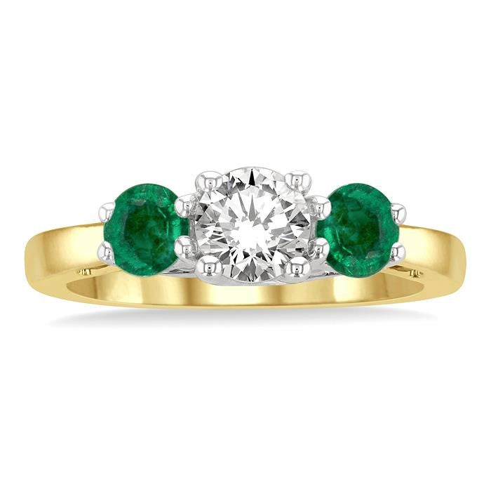 4.30 MM Round Shape Emerald and 5/8 Ctw Past, Present and Future Round Cut Diamond Precious Ring in 14K Yellow and White Gold