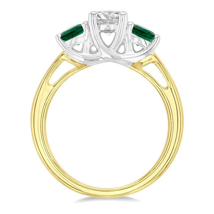 4.30 MM Round Shape Emerald and 5/8 Ctw Past, Present and Future Round Cut Diamond Precious Ring in 14K Yellow and White Gold