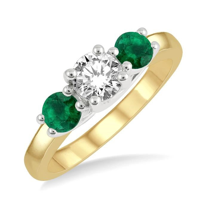 3.90 MM Round Shape Emerald and 1/2 Ctw Past, Present and Future Round Cut Diamond Precious Ring in 14K Yellow and White Gold