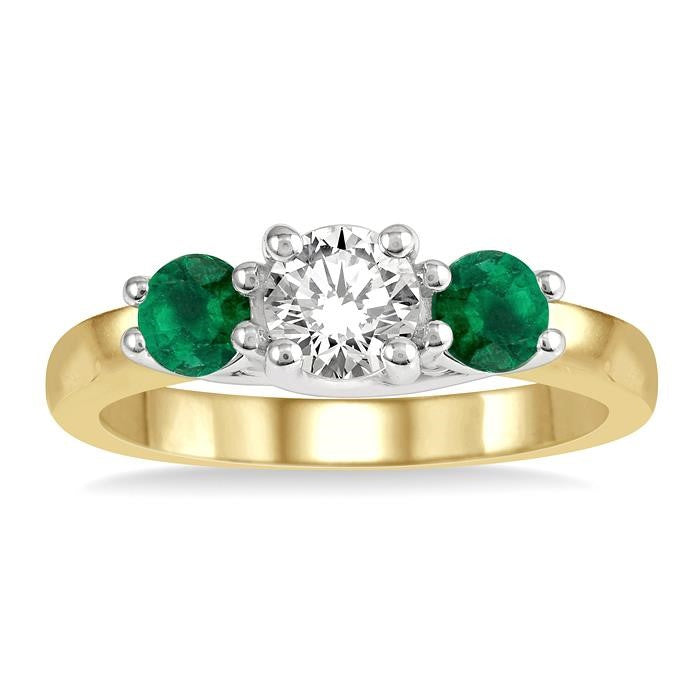 3.90 MM Round Shape Emerald and 1/2 Ctw Past, Present and Future Round Cut Diamond Precious Ring in 14K Yellow and White Gold