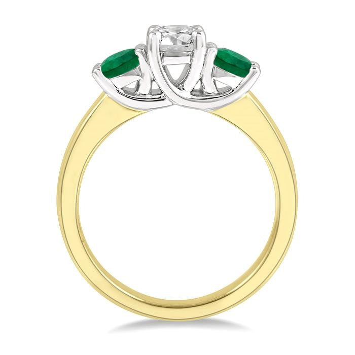 3.90 MM Round Shape Emerald and 1/2 Ctw Past, Present and Future Round Cut Diamond Precious Ring in 14K Yellow and White Gold