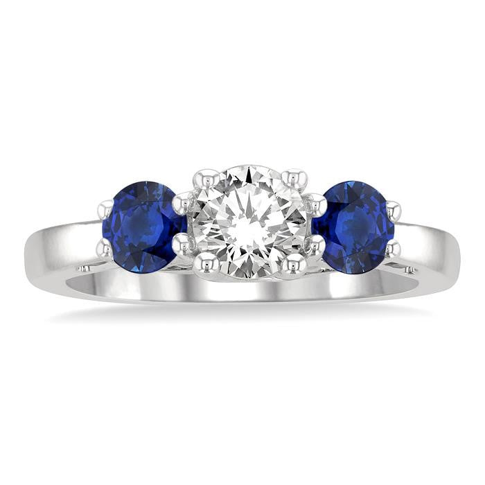 4.30 MM Round Shape Sapphire and 5/8 Ctw Past, Present and Future Round Cut Diamond Precious Ring in 14K White Gold