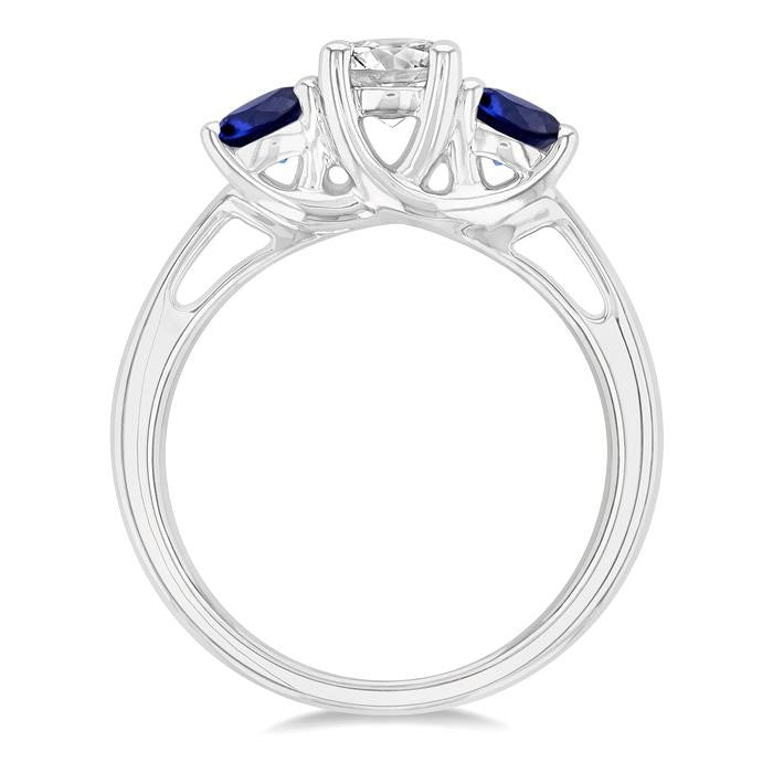 4.30 MM Round Shape Sapphire and 5/8 Ctw Past, Present and Future Round Cut Diamond Precious Ring in 14K White Gold