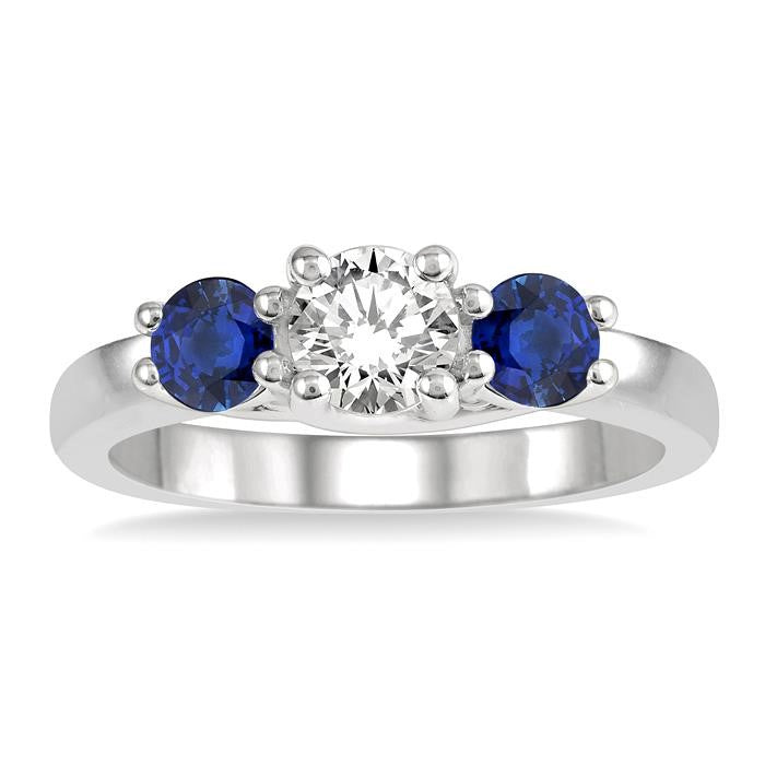 3.90 MM Round Shape Sapphire and 1/2 Ctw Past, Present and Future Round Cut Diamond Precious Ring in 14K White Gold