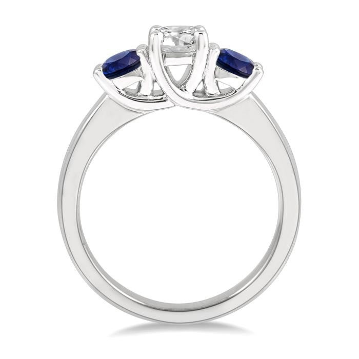 3.90 MM Round Shape Sapphire and 1/2 Ctw Past, Present and Future Round Cut Diamond Precious Ring in 14K White Gold