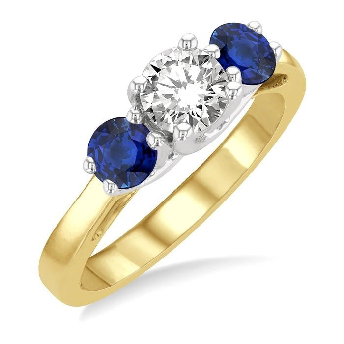 4.30 MM Round Shape Sapphire and 5/8 Ctw Past, Present and Future Round Cut Diamond Precious Ring in 14K Yellow and White Gold