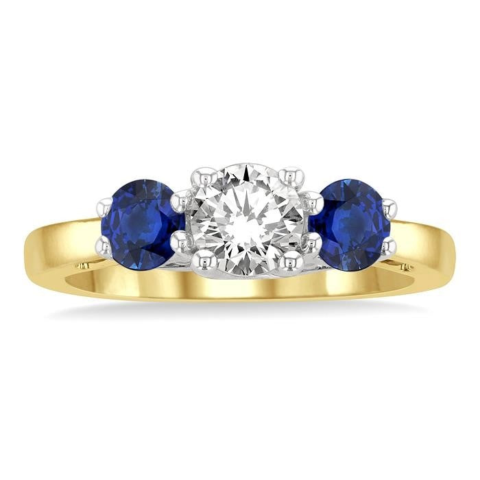 4.30 MM Round Shape Sapphire and 5/8 Ctw Past, Present and Future Round Cut Diamond Precious Ring in 14K Yellow and White Gold