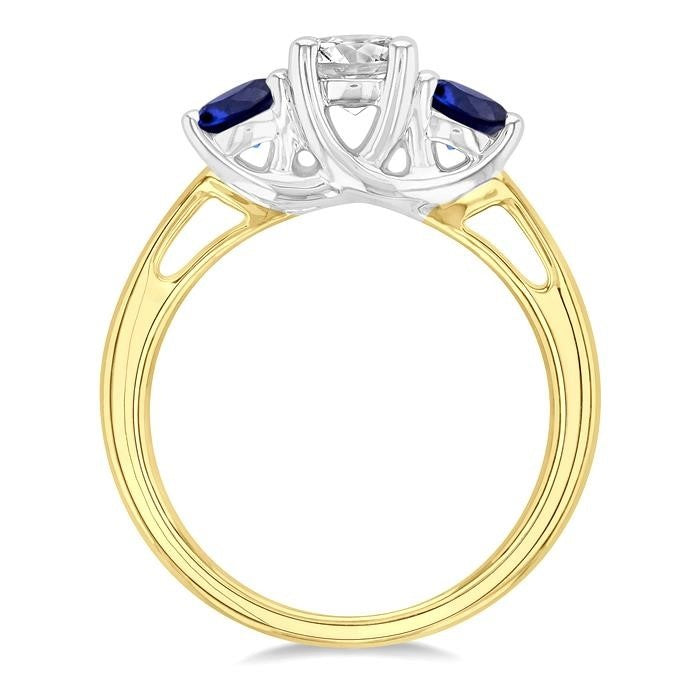 4.30 MM Round Shape Sapphire and 5/8 Ctw Past, Present and Future Round Cut Diamond Precious Ring in 14K Yellow and White Gold