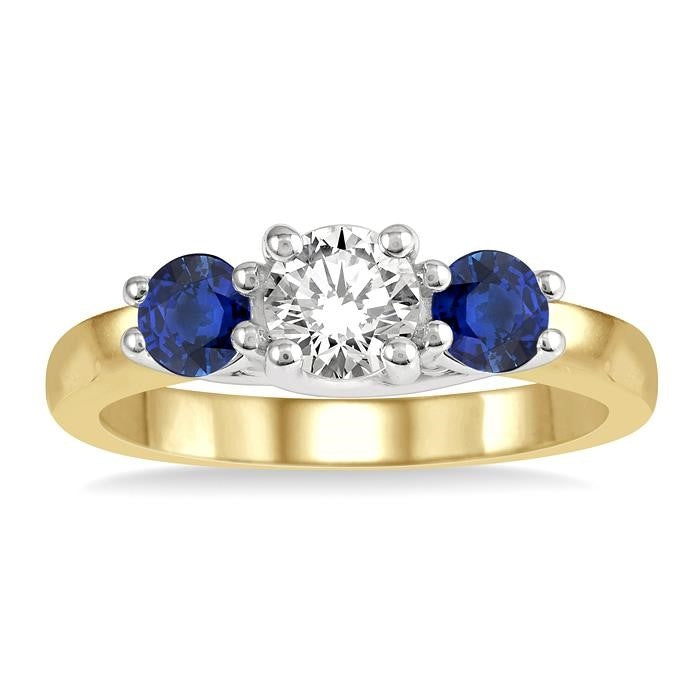 3.90 MM Round Shape Sapphire and 1/2 Ctw Past, Present and Future Round Cut Diamond Precious Ring in 14K Yellow and White Gold