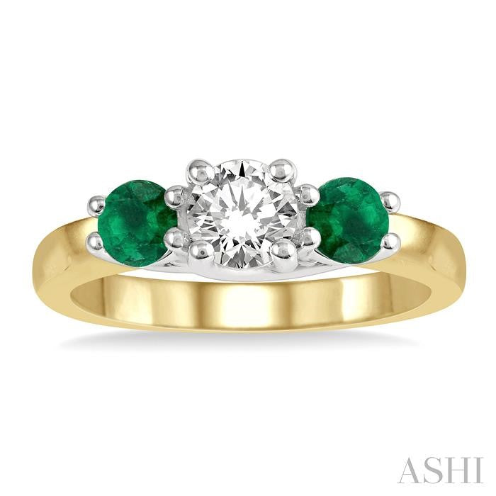 3.90 MM Round Shape Emerald and 1/2 Ctw Past, Present and Future Round Cut Diamond Precious Ring in 14K Yellow and White Gold