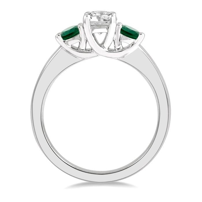 3.50 MM Round Shape Emerald and 3/8 Ctw Past, Present and Future Round Cut Diamond Precious Ring in 14K White Gold