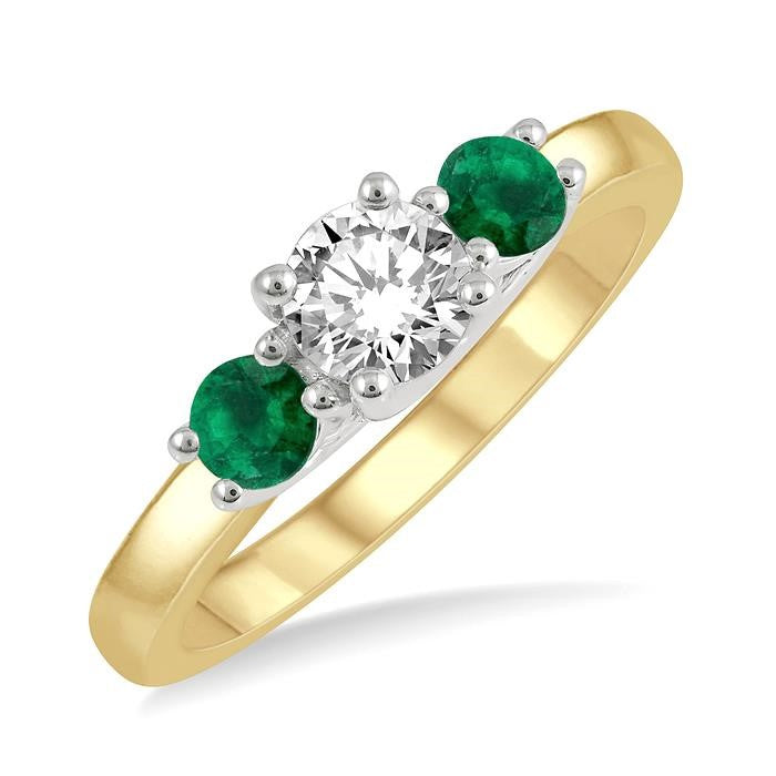 3.50 MM Round Shape Emerald and 3/8 Ctw Past, Present and Future Round Cut Diamond Precious Ring in 14K Yellow and White Gold