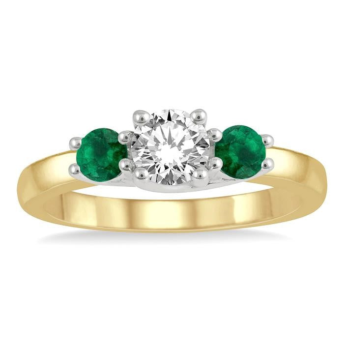 3.50 MM Round Shape Emerald and 3/8 Ctw Past, Present and Future Round Cut Diamond Precious Ring in 14K Yellow and White Gold