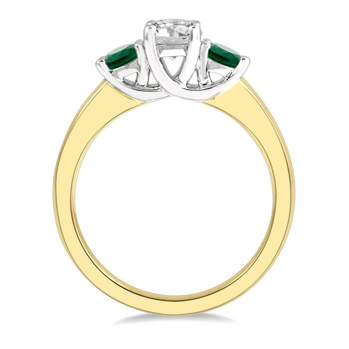 3.50 MM Round Shape Emerald and 3/8 Ctw Past, Present and Future Round Cut Diamond Precious Ring in 14K Yellow and White Gold