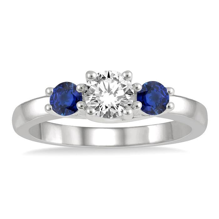 3.50 MM Round Shape Sapphire and 3/8 Ctw Past, Present and Future Round Cut Diamond Precious Ring in 14K White Gold