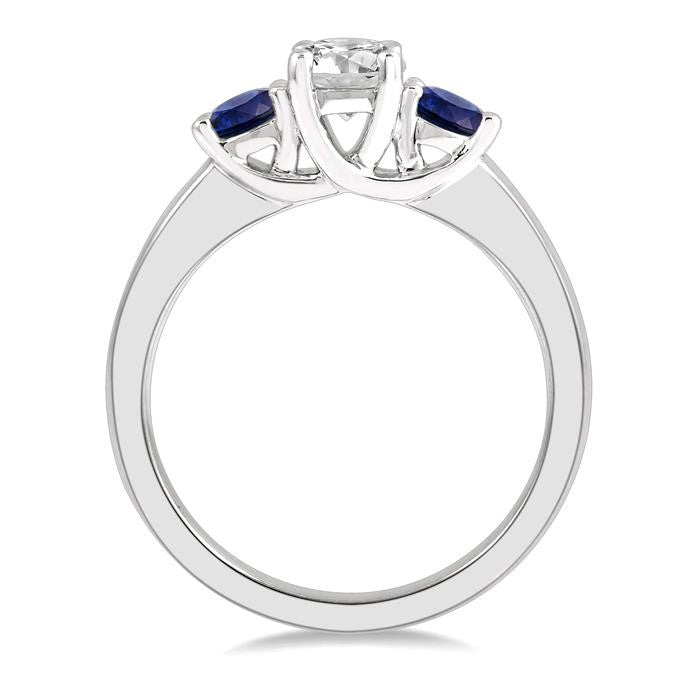 3.50 MM Round Shape Sapphire and 3/8 Ctw Past, Present and Future Round Cut Diamond Precious Ring in 14K White Gold