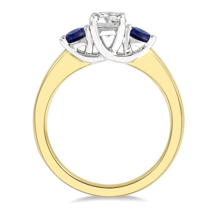 3.50 MM Round Shape Sapphire and 3/8 Ctw Past, Present and Future Round Cut Diamond Precious Ring in 14K Yellow and White Gold