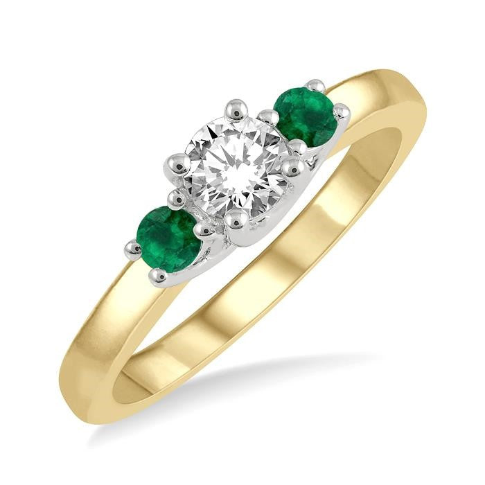 2.70 MM Round Shape Emerald and 1/3 Ctw Past, Present and Future Round Cut Diamond Precious Ring in 14K Yellow and White Gold