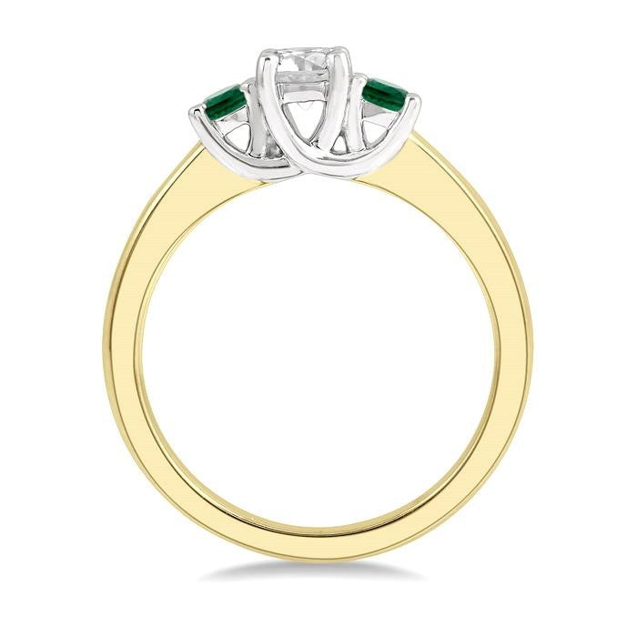2.70 MM Round Shape Emerald and 1/3 Ctw Past, Present and Future Round Cut Diamond Precious Ring in 14K Yellow and White Gold
