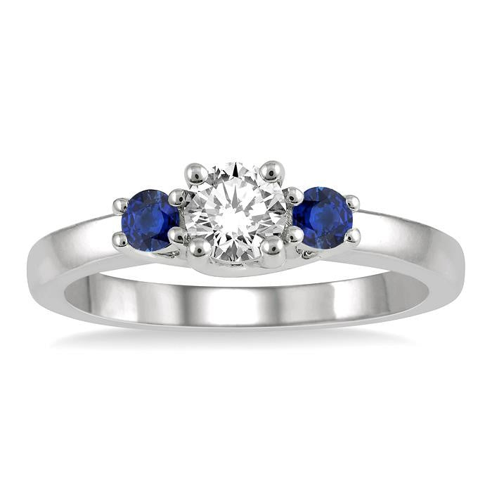 2.70 MM Round Shape Sapphire and 1/3 Ctw Past, Present and Future Round Cut Diamond Precious Ring in 14K White Gold